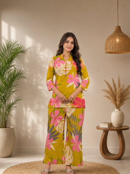 Yellow Cotton Printed Co-Ord Set for Woman