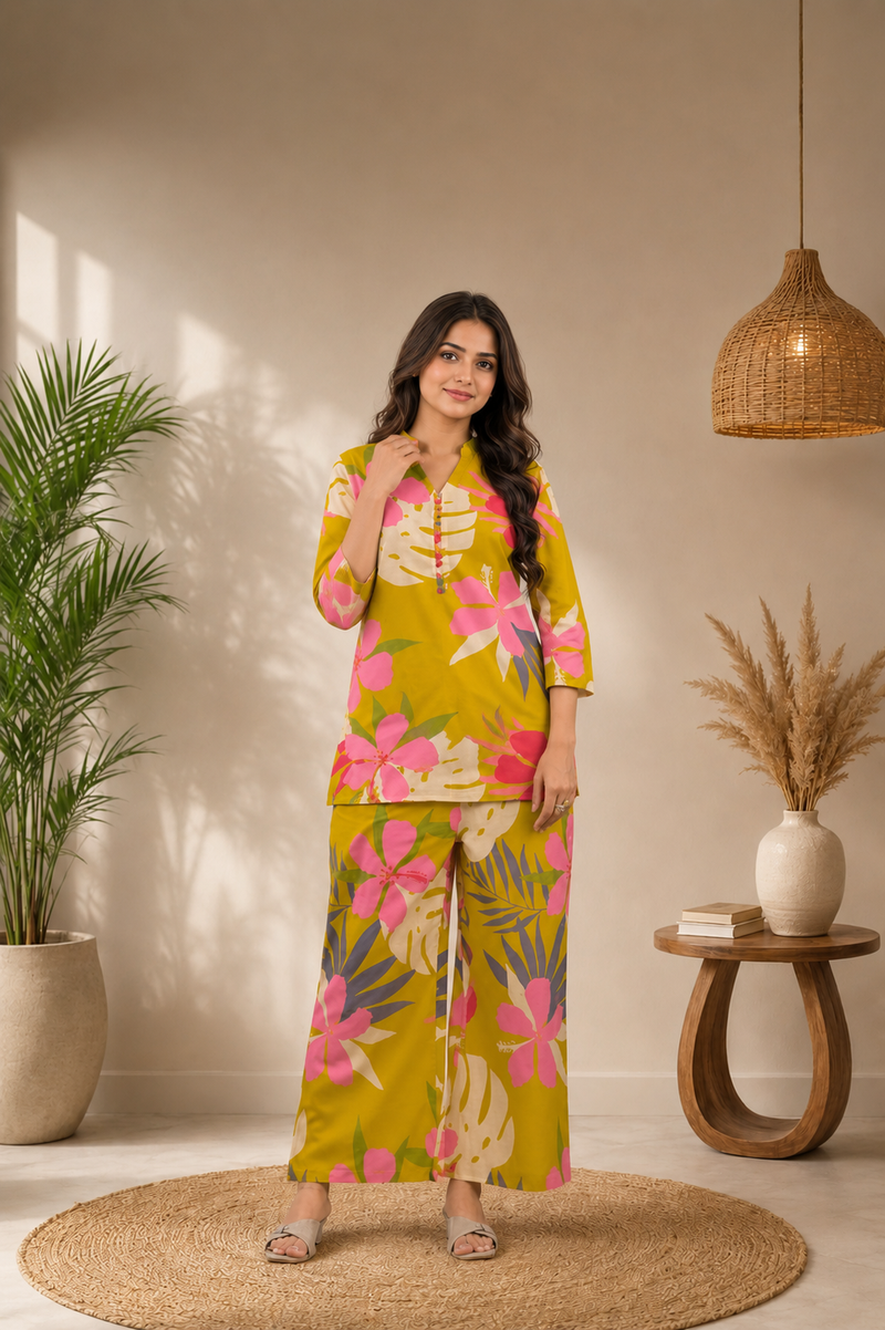 Yellow Cotton Printed Co-Ord Set for Woman