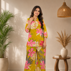 Yellow Cotton Printed Co-Ord Set for Woman