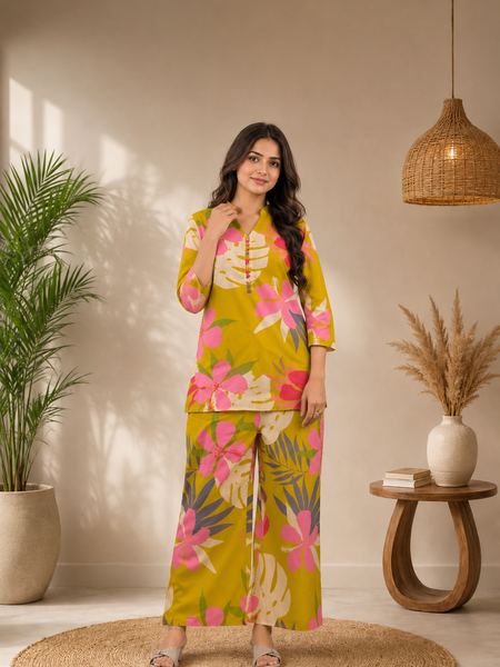 Yellow Cotton Printed Co-Ord Set for Woman