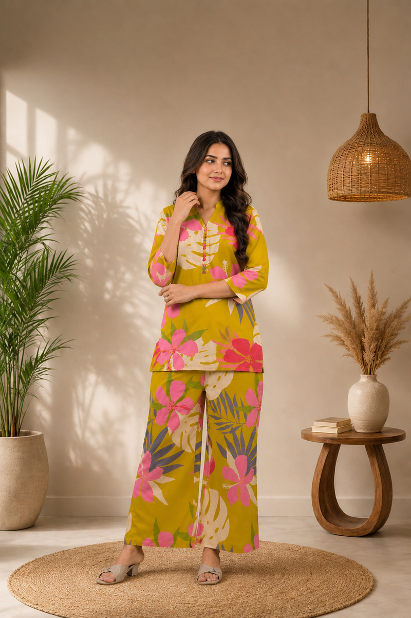 Yellow Cotton Printed Co-Ord Set for Woman