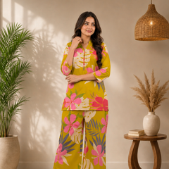 Yellow Cotton Printed Co-Ord Set for Woman