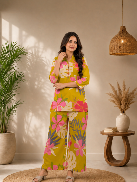 Yellow Cotton Printed Co-Ord Set for Woman
