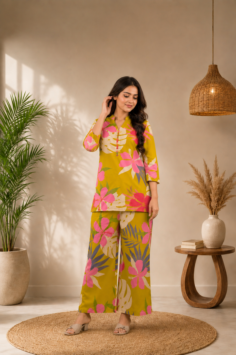 Yellow Cotton Printed Co-Ord Set for Woman