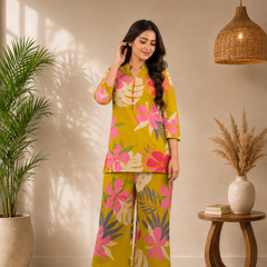 Yellow Cotton Printed Co-Ord Set for Woman