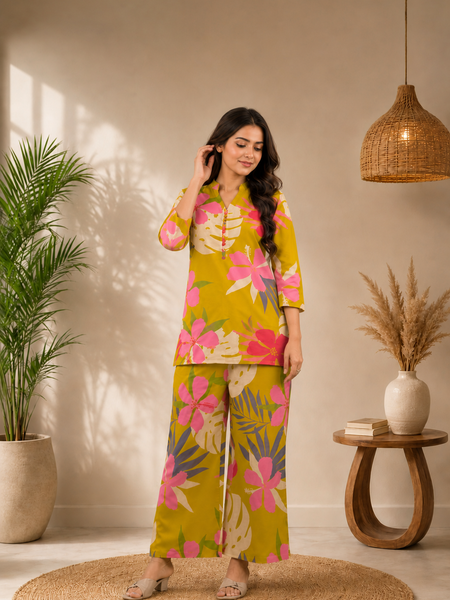 Yellow Cotton Printed Co-Ord Set for Woman