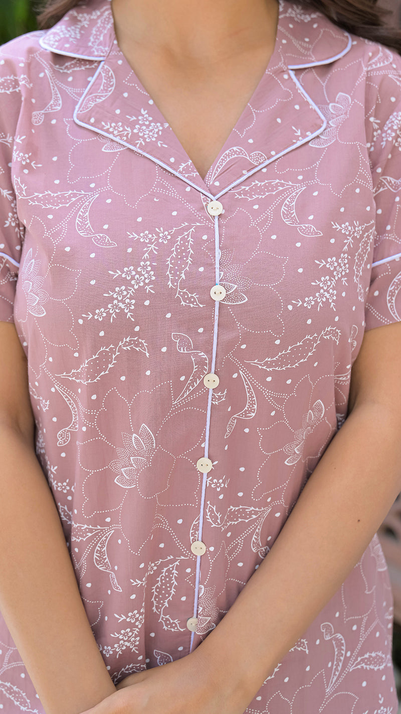 Pink Printed Cotton Nightwear Shorts Set for Woman