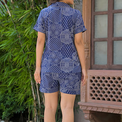 Blue Printed Cotton Nightwear Shorts Set