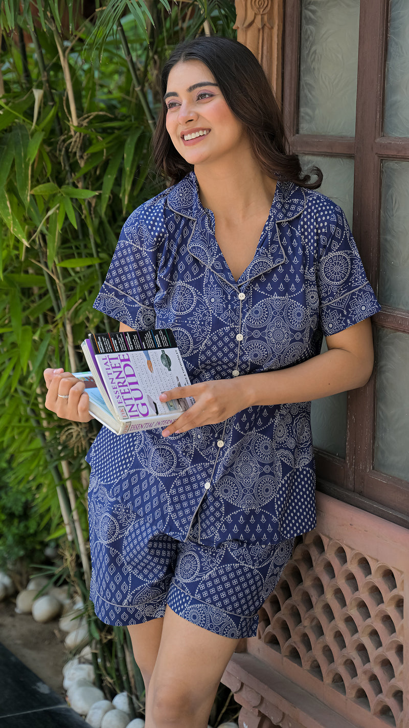 Blue Printed Cotton Nightwear Shorts Set