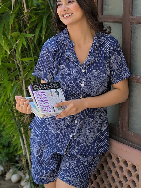 Blue Printed Cotton Nightwear Shorts Set