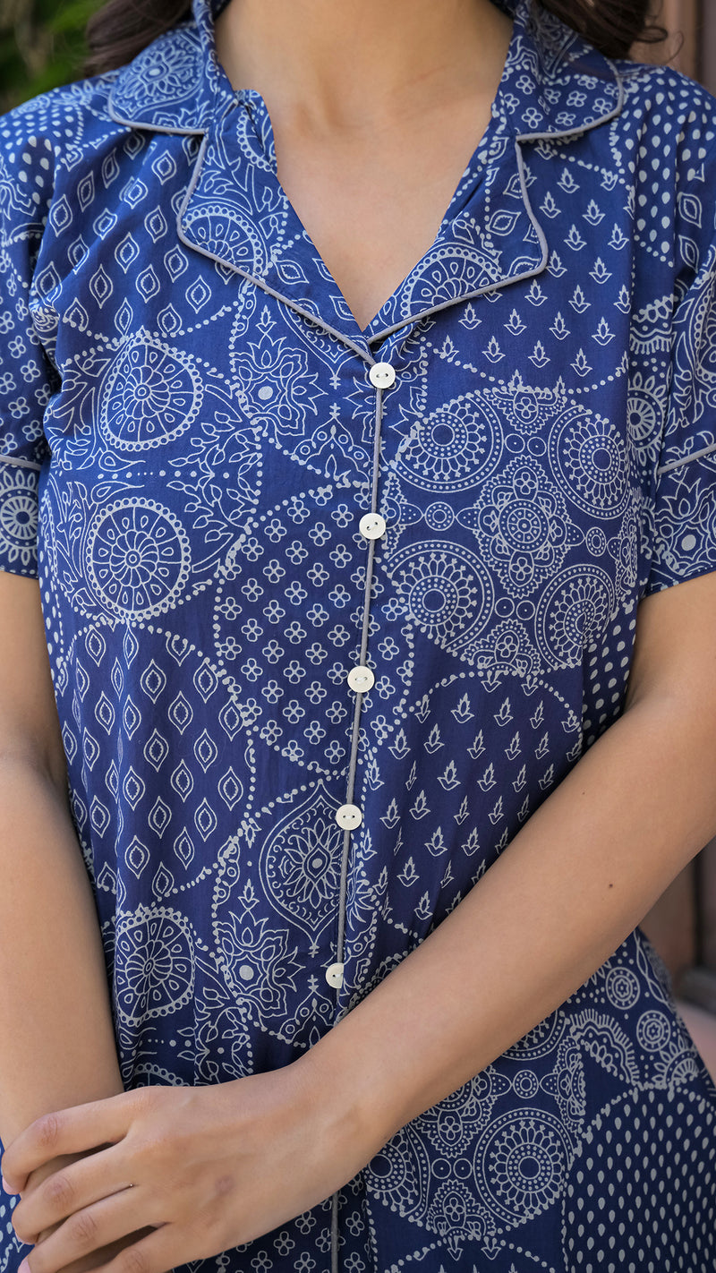 Blue Printed Cotton Nightwear Shorts Set