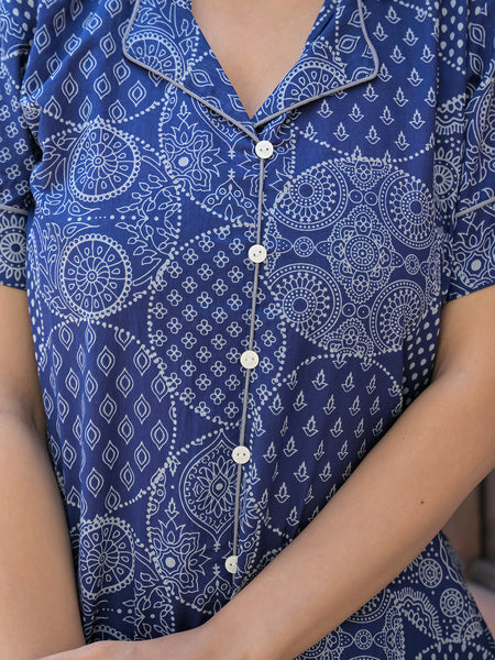 Blue Printed Cotton Nightwear Shorts Set