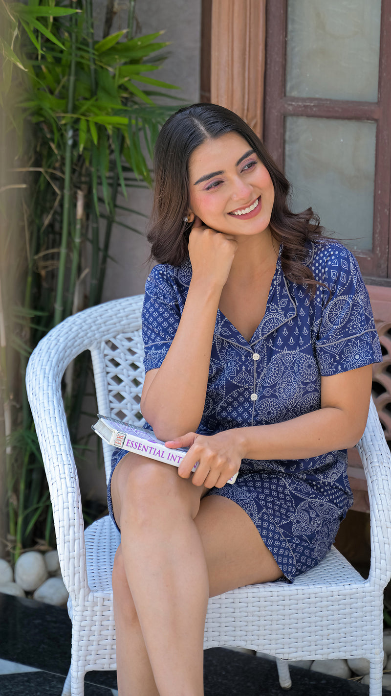Blue Printed Cotton Nightwear Shorts Set