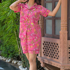 Pink Floral Printed Cotton Nightwear Shorts Set