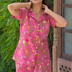 Pink Floral Printed Cotton Nightwear Shorts Set