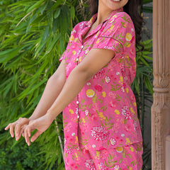 Pink Floral Printed Cotton Nightwear Shorts Set