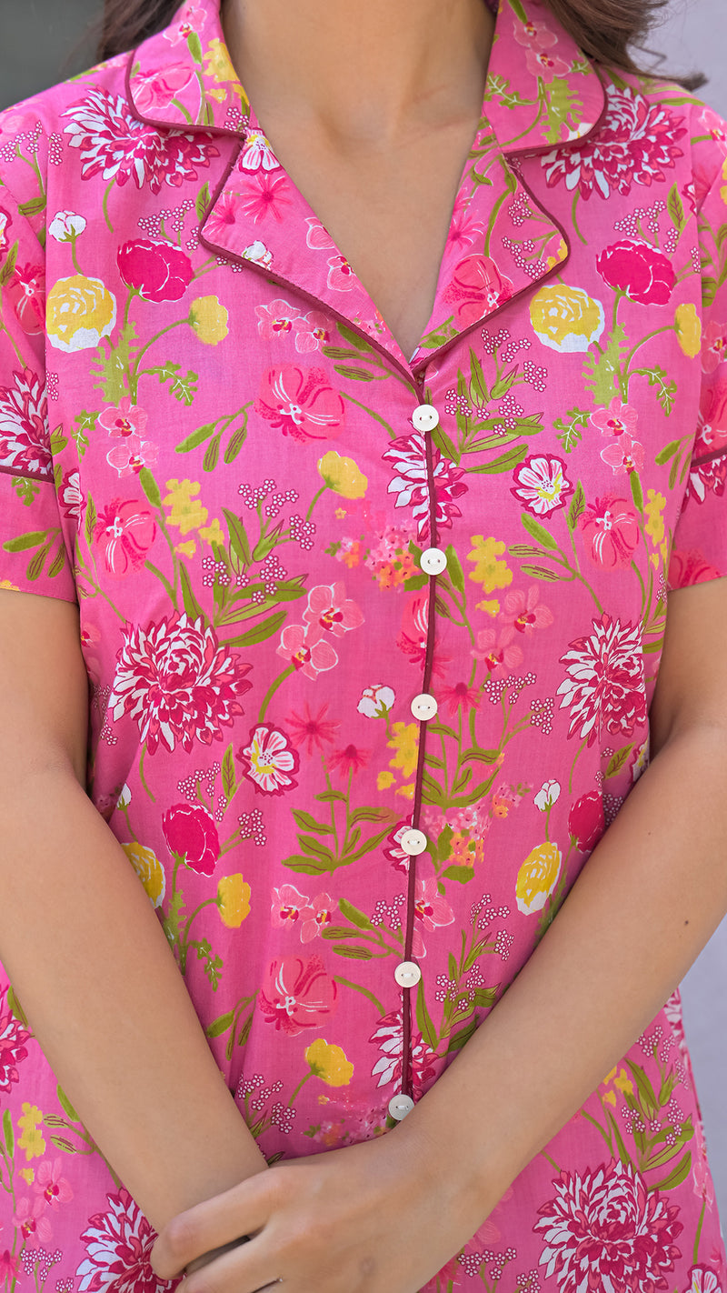 Pink Printed Cotton Nightwear Shorts Set for Woman