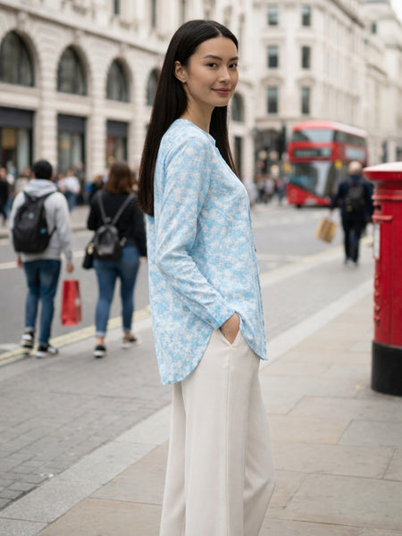 Sky Blue Marble Printed High-Low Shirt Side