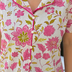 White Floral Printed Cotton Nightwear Shorts Set