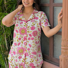 White Floral Printed Cotton Nightwear Shorts Set