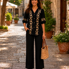 Black Embroidered Cotton Co-Ord Set For Women