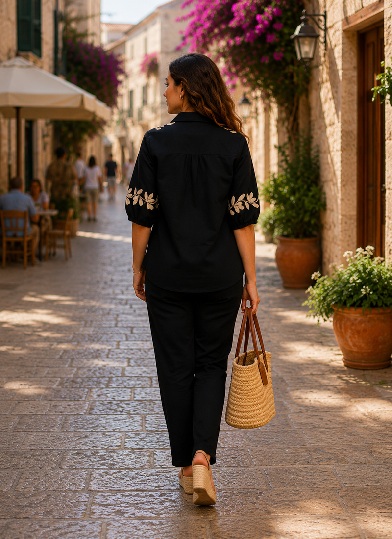 Black Embroidered Cotton Co-Ord Set For Women