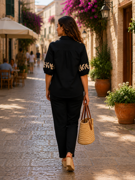 Black Embroidered Cotton Co-Ord Set For Women