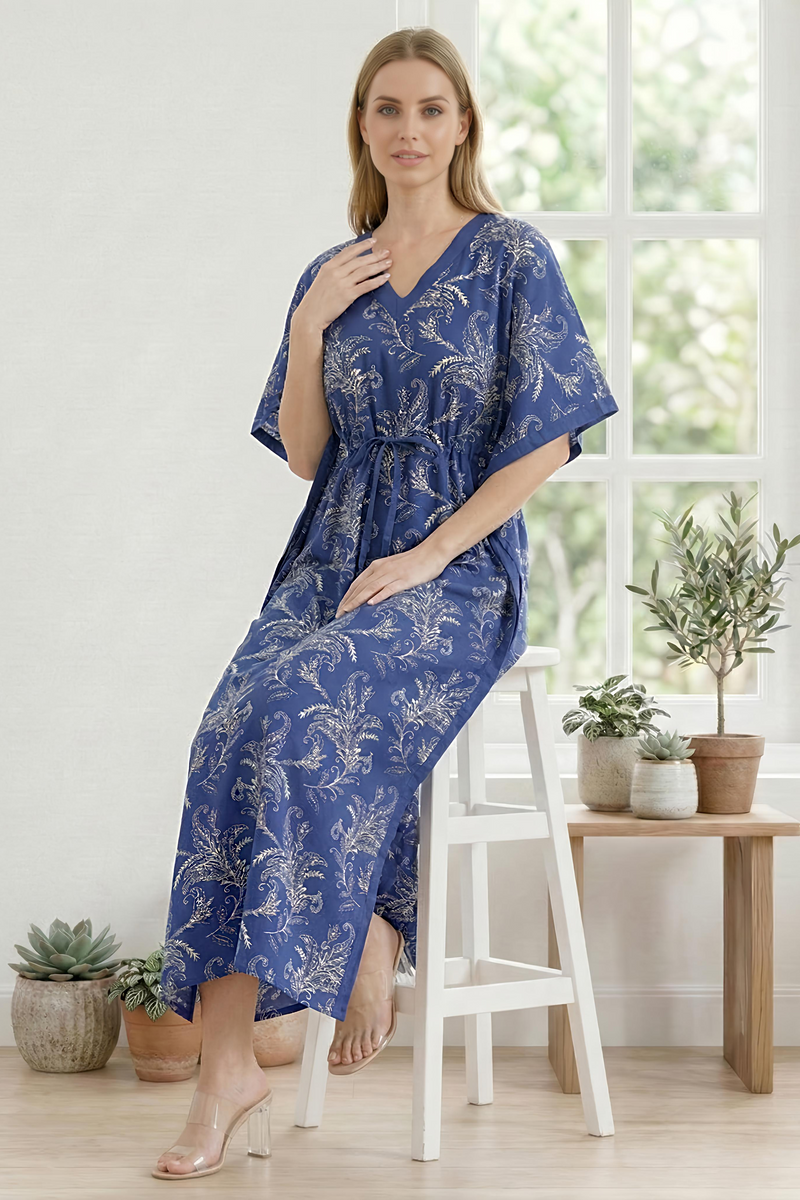 Blue printed cotton kaftan lounge wear for woman