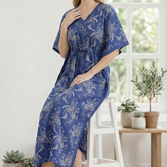 Blue printed cotton kaftan lounge wear for woman
