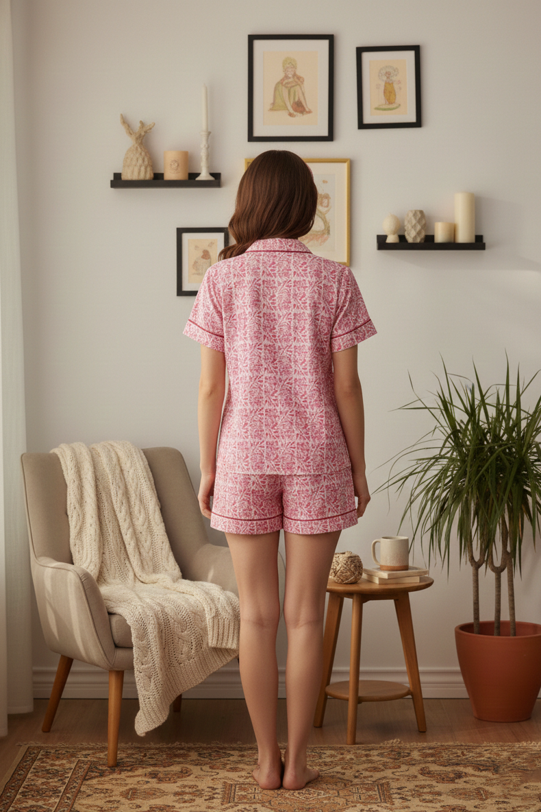 Pink Printed Cotton Nightwear Shorts Set for Woman