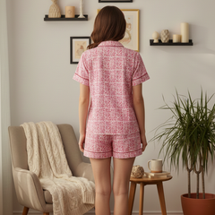 Pink Printed Cotton Nightwear Shorts Set for Woman