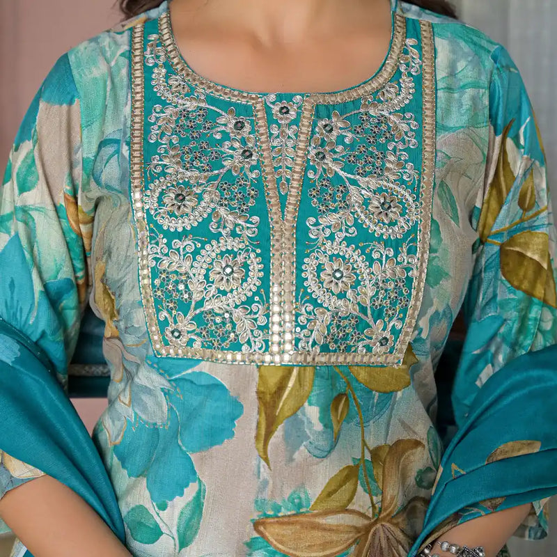 Floral Printed Embroidered Kurta Set with Dupatta