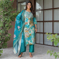 Floral Printed Embroidered Kurta Set with Dupatta