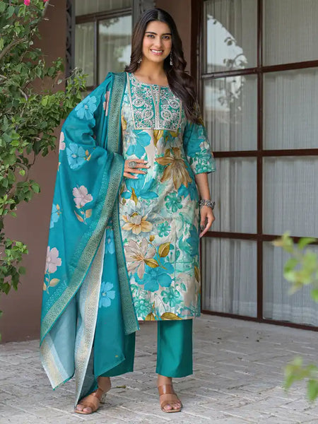 Floral Printed Embroidered Kurta Set with Dupatta