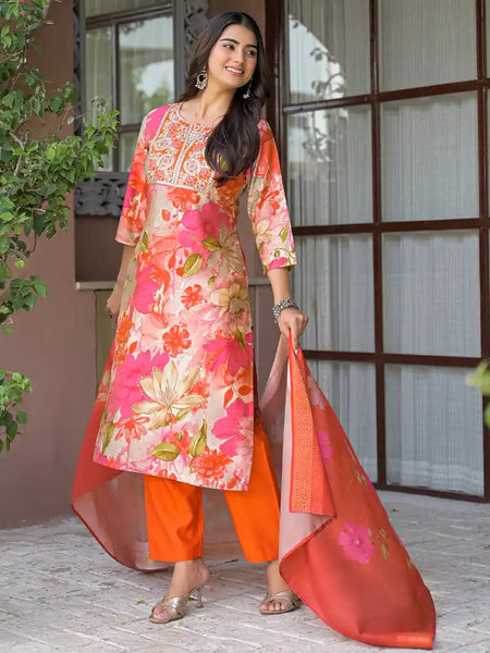 Floral Printed Embroidered Kurta Set with Dupatta