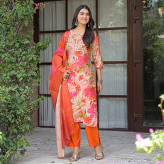 Floral Printed Embroidered Kurta Set with Dupatta