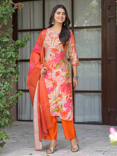 Floral Printed Embroidered Kurta Set with Dupatta