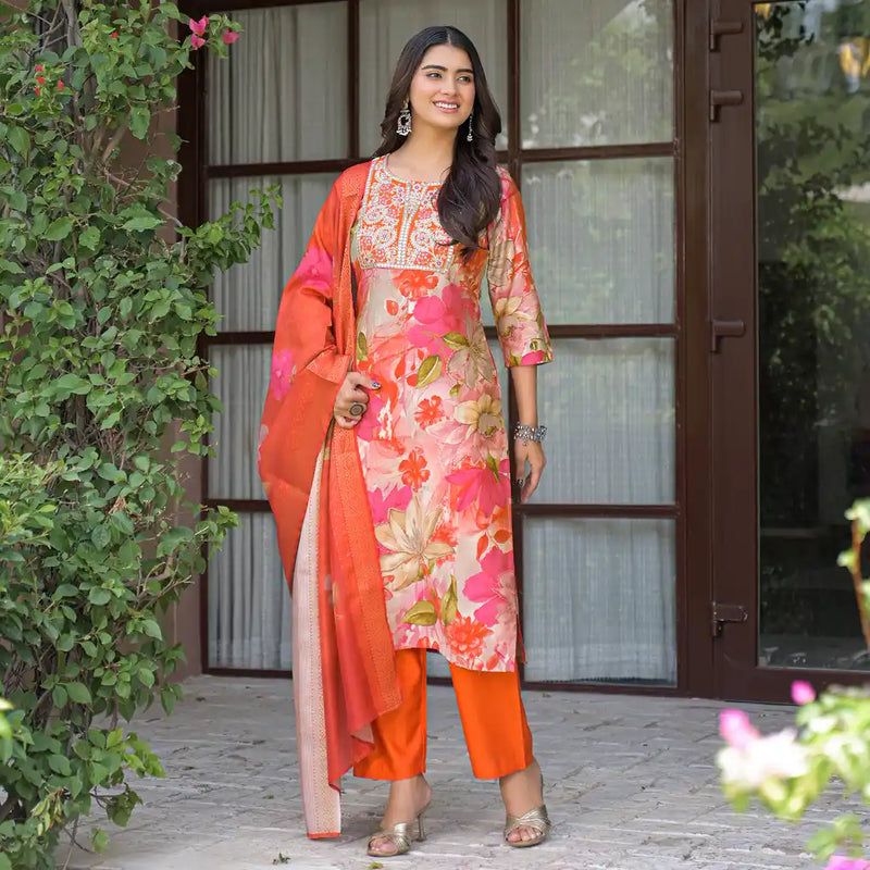 Floral Printed Embroidered Kurta Set with Dupatta