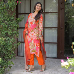 Floral Printed Embroidered Kurta Set with Dupatta