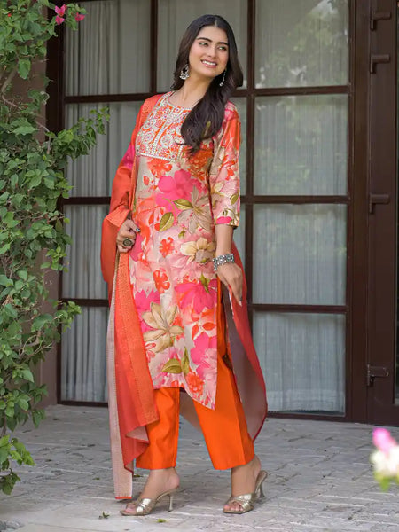 Floral Printed Embroidered Kurta Set with Dupatta