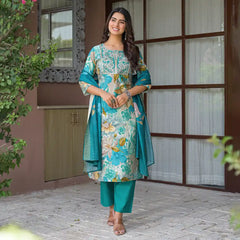 Floral Printed Embroidered Kurta Set with Dupatta