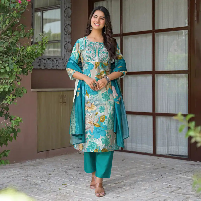 Floral Printed Embroidered Kurta Set with Dupatta