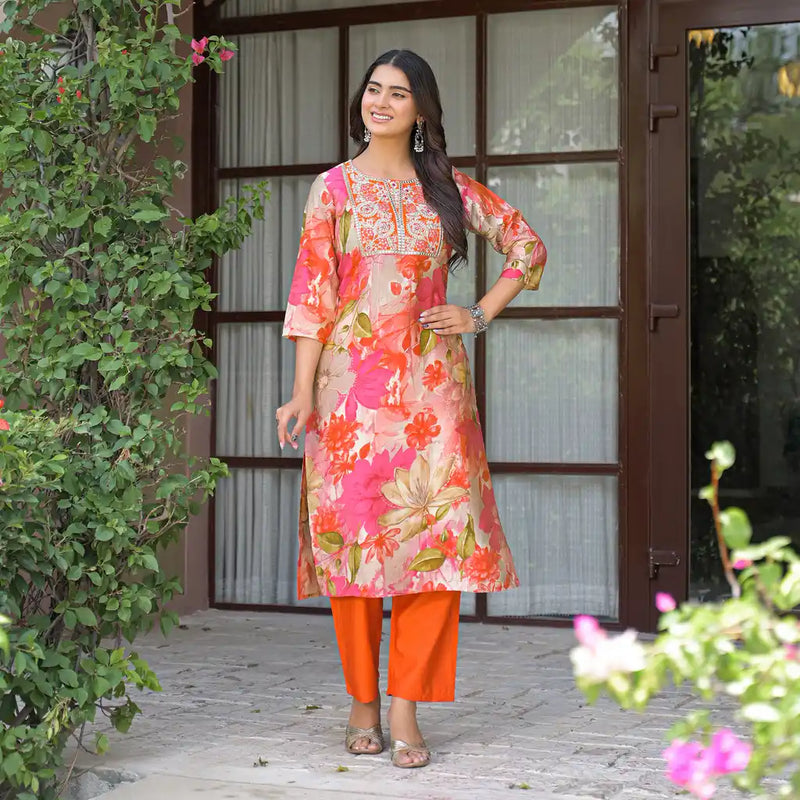 Floral Printed Embroidered Kurta Set with Dupatta