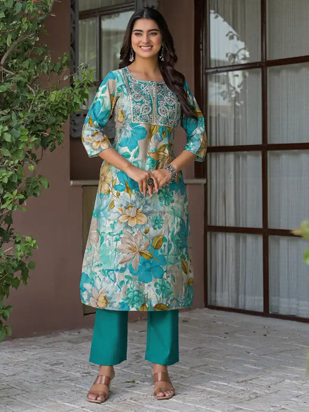 Floral Printed Embroidered Kurta Set with Dupatta