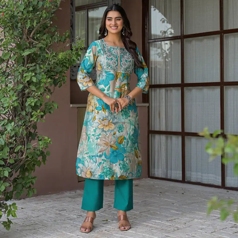 Floral Printed Embroidered Kurta Set with Dupatta