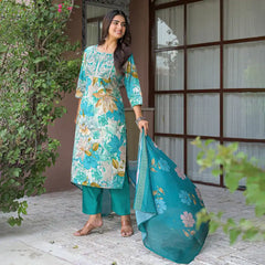 Floral Printed Embroidered Kurta Set with Dupatta
