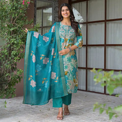 Floral Printed Embroidered Kurta Set with Dupatta