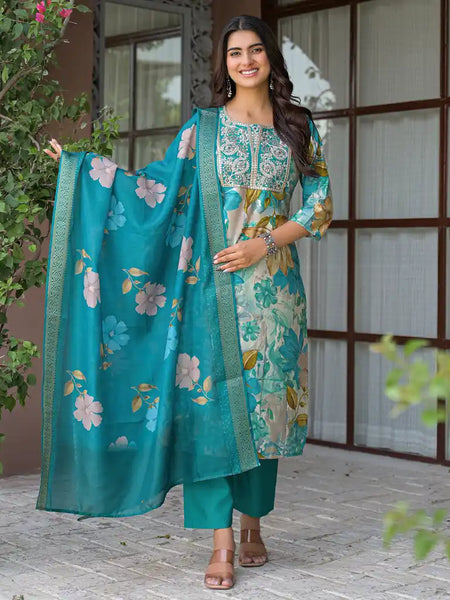 Floral Printed Embroidered Kurta Set with Dupatta