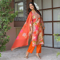 Floral Printed Embroidered Kurta Set with Dupatta