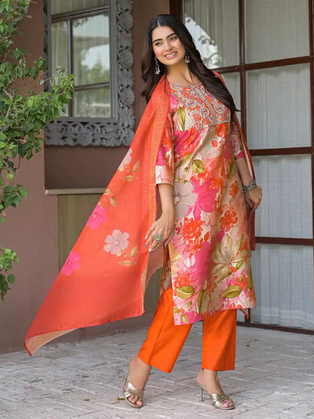 Floral Printed Embroidered Kurta Set with Dupatta